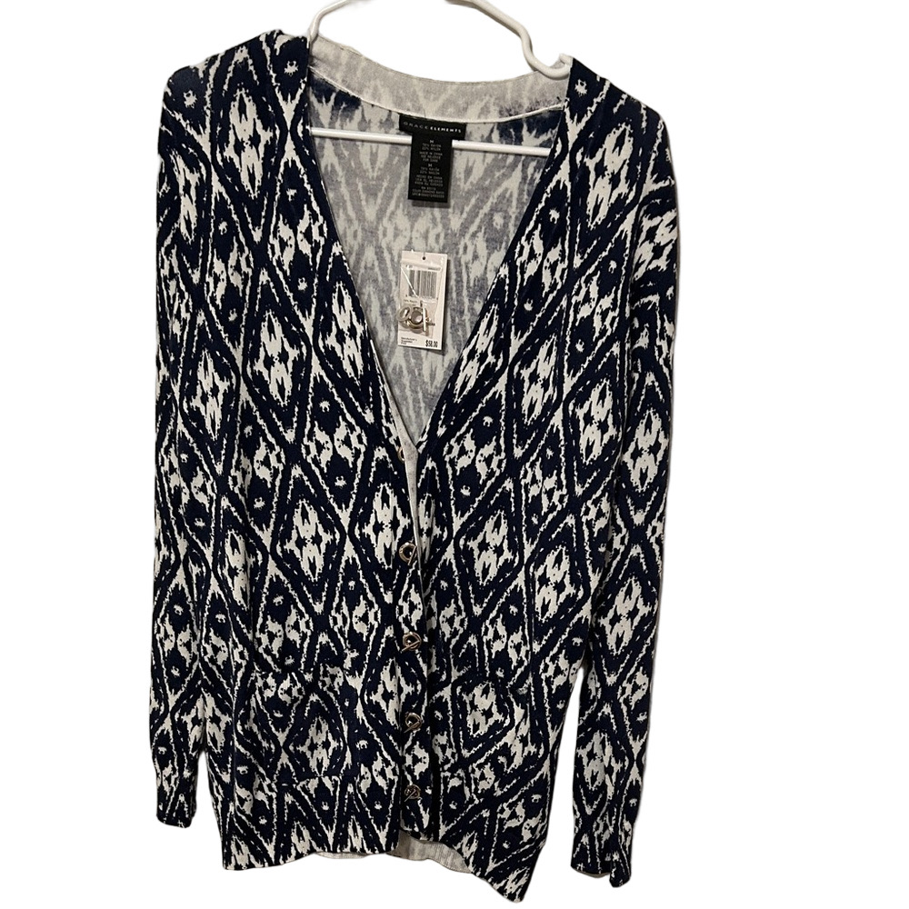 🛼Grace Elements Blue and White Geometric boyfriend cardigan size M NWT